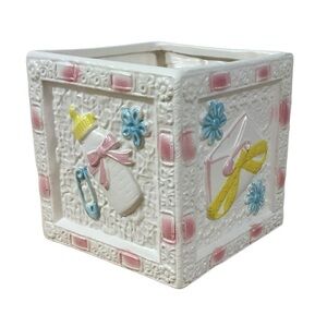 Vintage Nursery Baby Planter with Pink, Blue & Yellow Accents Baby Shower Decor